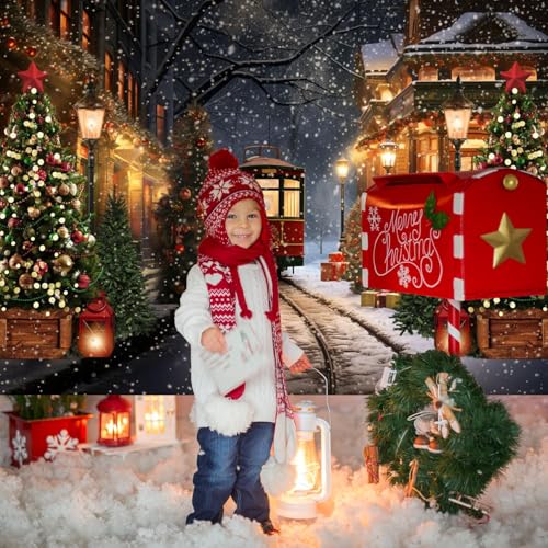 Mocsicka 10x8ft Christmas Train Backdrop for Photography Christmas Town Winter Train Xmas Snow Railway Christmas Tree Party Background Wonderland Snowflake Portrait Photo Studio Props - size: 10x8ft