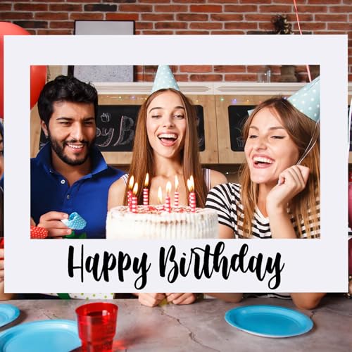 Beeveer 32 x 24 Inch Extra Large Happy Birthday Photo Booth Selfie Frame Props Picture DIY Cutouts Photo Backdrop Cardboard Props for Party Supplies Favors(Horizontal,White) - color: White Blank, style: Horizontal Style
