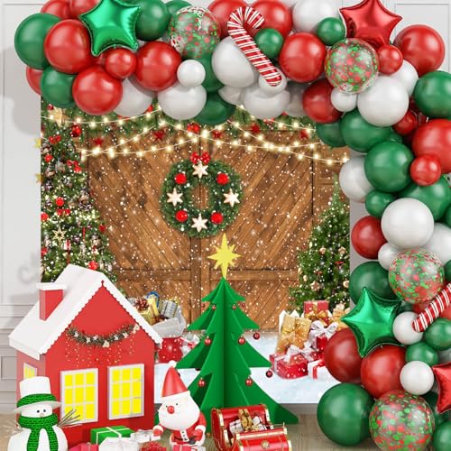 10x10ft Christmas Barn Door Backdrop for Photography Rustic Xmas Trees Wood Plank Photo Backdrop Snow Winter Holiday Backdrops Decorations for Party Supplies Photo Prop