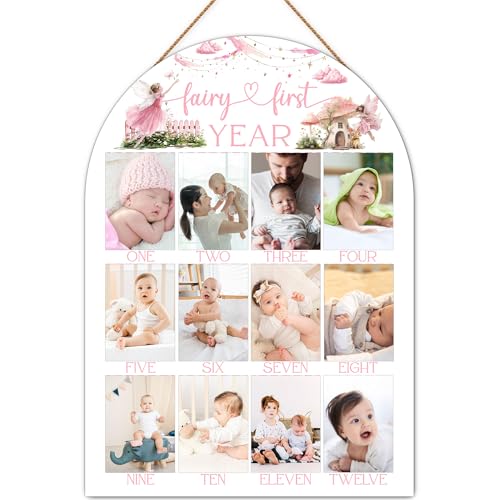 My Fairy First Year Photo Board, Fairy First Birthday Decoration Photo Frame, 12 Monthly Baby Milestone Wooden Sign, Pink Nursery Decor for Girl Boy, Gender Neutral Baby Keepsake Gifts-A13