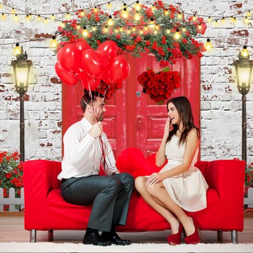 Valentines Backdrop 10x8ft Red Rose Love Heart White Brick Wall Red Door Photography Background Happy Valentine's Day Wedding Bridal Shower Anniversary Party Photo Booth Props