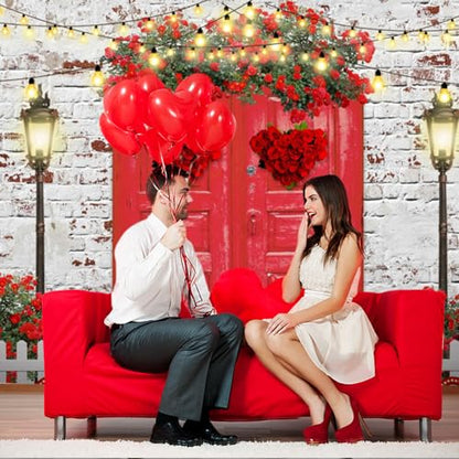Valentines Backdrop 10x8ft Red Rose Love Heart White Brick Wall Red Door Photography Background Happy Valentine's Day Wedding Bridal Shower Anniversary Party Photo Booth Props