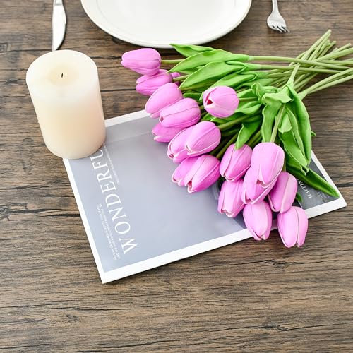 Mandy's Lavender Artificial Tulips Flowers Centerpiece, 13.5" Lifelike PU Fake Floral Stems 20pcs for Kitchen Island & Dining Table, Spring Decor for Easter - color: Lavender