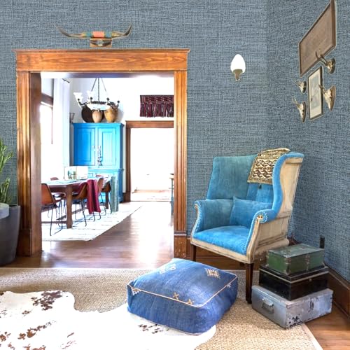 Amiya Grasscloth Wallpaper Blue Peel and Stick Faux Fabric Linen Contact Paper Navy Blue Self Adhesive Removable Wall Paper for Bedroom Cabinet Liners Decor A Set of17.3"x480" - color: Blue, size: 17.3" x 480"