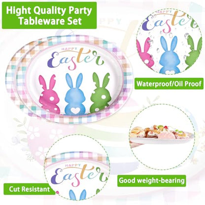 50 Pcs Easter Oval Paper Plates 10" x 12" Large Easter Bunny Egg Plates Heavy Duty Disposable Easter Rabbit Dinner Plates Colorful Plaid Platters for Spring Holiday Baby Shower Birthday Party Supplies - style: 50Pcs Easter Bunny Egg Oval Plates