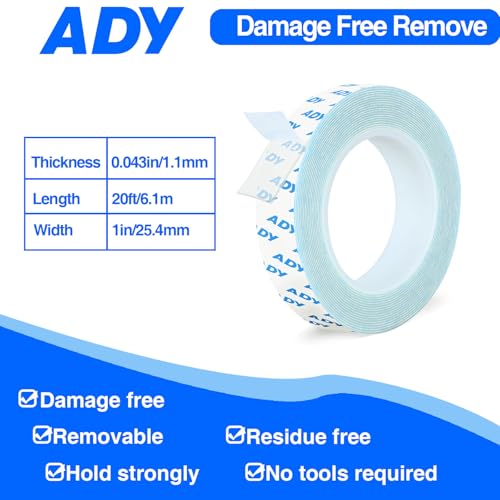 ADY Double Sided Tape Heavy Duty Removable 1in x 20ft, Clear Mounting Tape for Walls, Picture Hanging Strips Damage Free for Rent Room, Poster Adhesive Stickr Transparent Tape - color: Clear