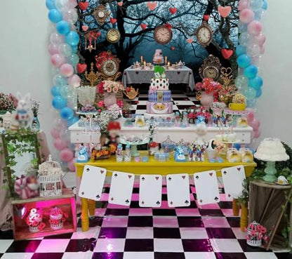 Wonderland Enchanted Forest Backdrop Rose Floral Pocket Watch Cake Table Checkerboard Tea Party Photography Background Kids Adult Birthday Baby Shower Halloween Party Decor Banner Photo Props (8x6FT)