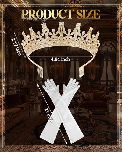 Princess Tiara Crown with Satin Gloves Set Crystal Headpiece for Graduation Prom and Party Photo Props - color: Gold, style: C