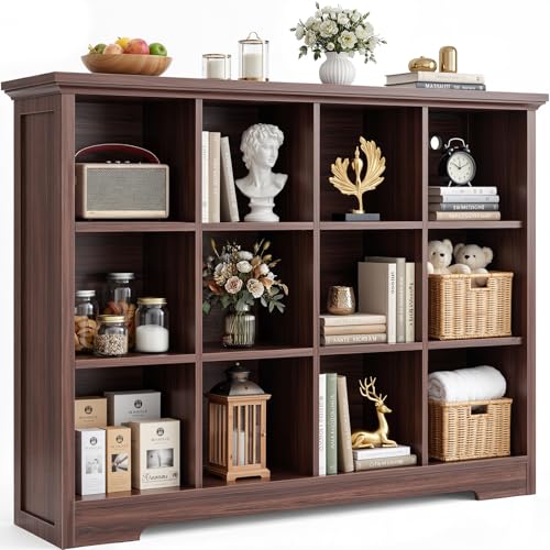 Aheaplus Wooden 12-Cube Storage Organizer with Charging Ports, Modern Cube Bookcase with Base, 4-Tier Floor Standing Open Cubbies Bookshelf, Cubicle Display Shelf for Home and Office, Black Walnut - color: Black Walnut, size: 12-Cube