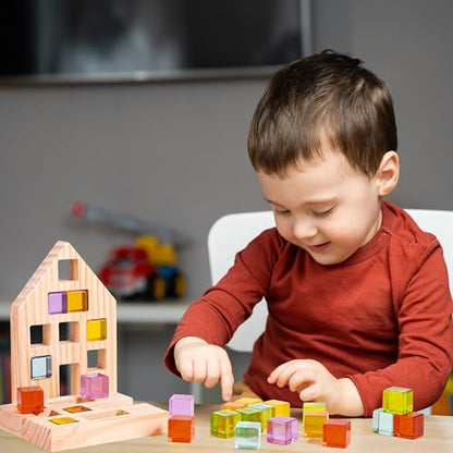 Woodtoe Wooden Building Blocks Set for Kids, 24 PCS Rainbow Gem Cubes Stacking Blocks - 2 Wood House, Montessori Stacking Toy for Toddlers, Educational STEM Sensory Birthday Toy for Boys Girls 3-6 - style: 24 PCS Rainbow Blocks Set
