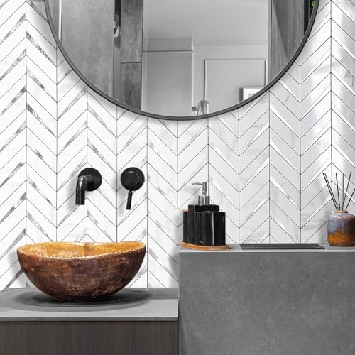 DICOFUN 10-Sheet Herringbone Tile Peel and Stick Backsplash, Polished White Marble PVC Mixed Metal Silver Stick on Backsplash for Kitchen and Bathroom Wall - color: Polished White Marble and Metal Silver, size: 10 Sheets, 12"x12"x0.12"