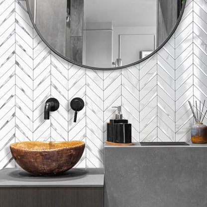 DICOFUN 10-Sheet Herringbone Tile Peel and Stick Backsplash, Polished White Marble PVC Mixed Metal Silver Stick on Backsplash for Kitchen and Bathroom Wall - color: Polished White Marble and Metal Silver, size: 10 Sheets, 12"x12"x0.12"
