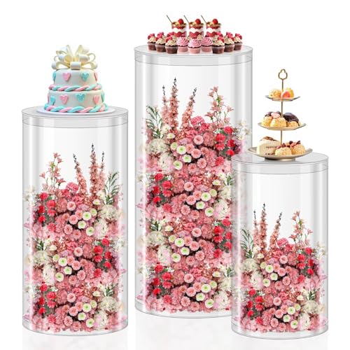 3Pcs Transparent Cylinder Pedestal Stands, Thickened PVC Round Pedestal Display Plinth Pillars for Wedding Birthday Babyshower Decoration Art Decor - color: Transparent