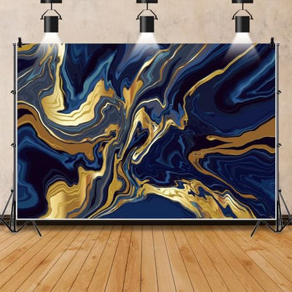 7x5ft Polyester Marble Backdrops Blue Golden Marble Backdrop Abstract Art Aesthetics Texture Marble Photography Background Modern Gradient Bday Wedding Party Banner Blogger Pictures Props - size: 7X5FT