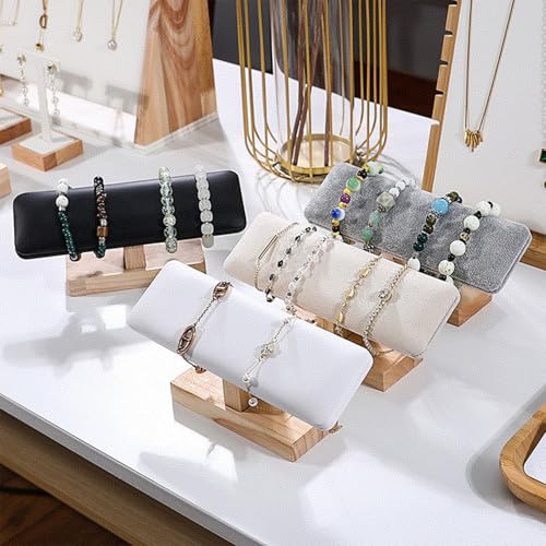 Wooden Watches Display Stands Base Watch Necklace Bracelet Organizer Rack Bangle Scrunchie Headband Showcase Stands Exterior Beige PU - color: Flat PU Beige
