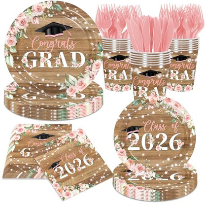 Class of 2026 Graduation Party Supplies,144Pcs Pink Floral Graduation Party Plates and Napkins Class of 2026 Congrats Grad Tableware Decorations for High School College Party Serve 24