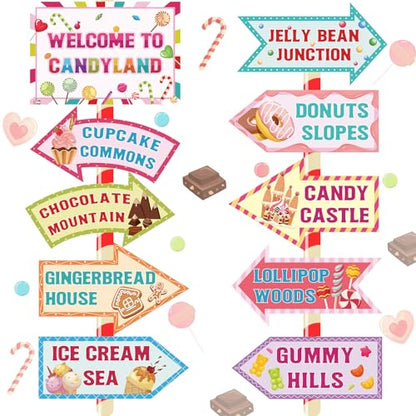 20 Pieces Candyland Decorations Welcome to Candyland Signs Candy Party Decorations for Kids Girls Candy Land Themed Birthday Party Halloween Christmas Trunk or Treat Car Decorations - style: Candyland