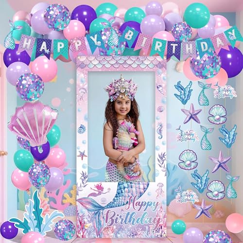 Mermaid Birthday Decorations for Women,Happy Birthday Banner, 35 Balloons,Photo Booth Props for Kids Girls - color: Mermaid