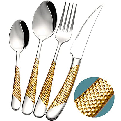 16 Piece Hammered Silver Gold Silverware Set, Modern Golden 18/10 Stainless Steel Flatware Set, Kitchen Utensil Set Service for 4, Tableware Cutlery Set, Knives Forks Spoons Set - color: Silver Gold