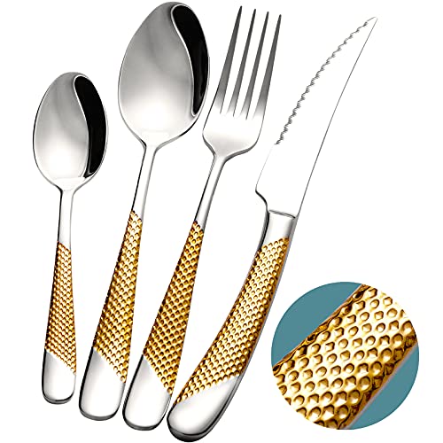 16 Piece Hammered Silver Gold Silverware Set, Modern Golden 18/10 Stainless Steel Flatware Set, Kitchen Utensil Set Service for 4, Tableware Cutlery Set, Knives Forks Spoons Set - color: Silver Gold