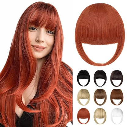Bangs Hair Clip in Bangs, French Copper Red Fake Bangs Hair Clip on Bangs for Women Fringe with Temples Hairpieces Faux Bangs for Daily Wear - color: Copper Red