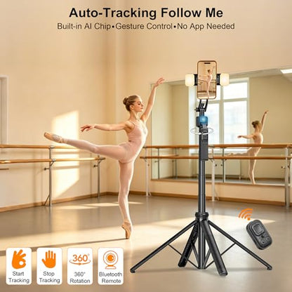 63" Tripod for iPhone with Light Remote, Detachable Phone Holder, Auto Face Tracking Tripod for Travel, Lightweight Selfie Stick Tripod for Video Recording, Compatible with Phone/Action Camera - size: Tripod With 2 Mini Square Lights