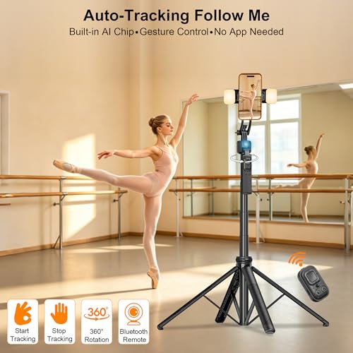 63" Tripod for iPhone with Light Remote, Detachable Phone Holder, Auto Face Tracking Tripod for Travel, Lightweight Selfie Stick Tripod for Video Recording, Compatible with Phone/Action Camera - size: Tripod With 2 Mini Square Lights