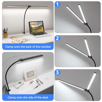 ShineTech LED Desk Lamp for Home Office, 5000K Bright Double Head Architect Task Lamps with Clamp, Dimmable Adjustable Flexible, Black - color: 5000K- Daylight White