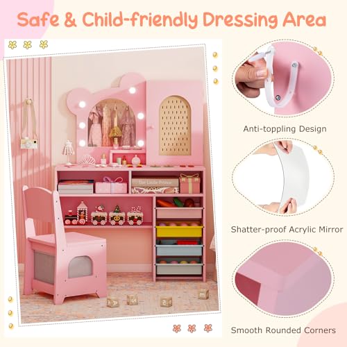 Costzon Kids Vanity with Lights, Girls Vanity Set with Mirror, Storage Drawers, Cabinet & Shelves, Toddler Makeup Vanity Desk Dressing Table, Wooden Kids Vanity Table and Chair Set (Pink) - style: Pink with Storage Bins