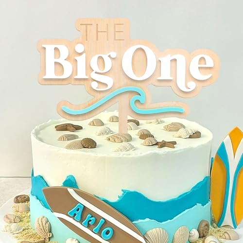 The Big One Wooden & Acrylic Cake Topper - Wave Theme 1st Birthday Party Decor, Summer Beach Photo Props, First Birthday Cake Decorations, Big Wave Wooden Cake Topper for Birthdays (Blue) - color: Blue