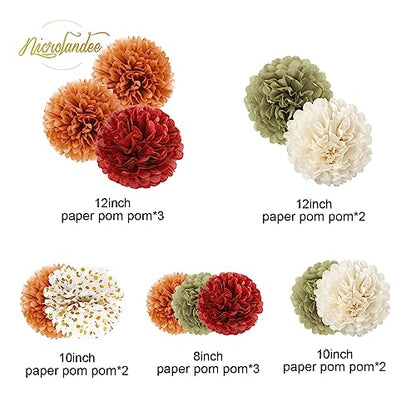NICROLANDEE Fall Party Decorations, 12 PCS Pumpkin Orange Burgundy Sage Green Ivory Tissue Pom Poms Thanksgiving Decor for Home, Wedding, Birthday, Autumn Harvest Party Supplies - style: Fall