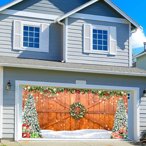 Rustic Christmas Garage Door Banner Cover, Merry Christmas Wood Texture Holiday Outdoor Decoration Garage Door Cover, Extra Large Rustic Barn Wood Xmas Tree Snow Wall Decor Hanging Background - color: B, size: 16X7