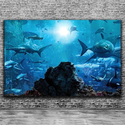 9x6ft Fabric Shark Theme Backdrop Deep-sea Ocean Shark Reef Aquarium Photography Background Birthday Theme Party Decoration Banner Kid Diver Portrait Photo Studio Props - size: 9x6 FT