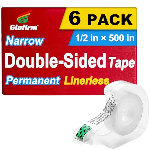 Double Sided Tape Light Duty, 1/2 x 500 inches, 6 Pack, Narrow Double Stick Tape with Dispenser for Crafts, Arts Projects, Christmas Gifts Wrapping, Office and School Supplies.