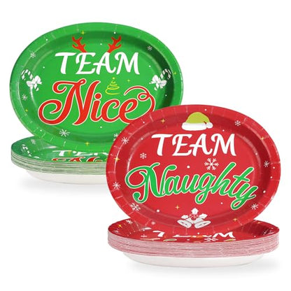 50Pcs Christmas Oval Paper Plates Team Naughty Team Nice Party Decorations 10" x 12" Large Disposable Heavy Duty 400GSM Red and Green Christmas Dinner Plates for Xmas Holiday Cocktail Party Supplies - style: Team Naughty Team Nice Oval Plates