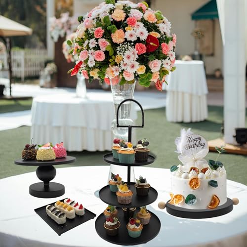Set of 7 Black Cake Stands Metal Dessert Display Holder Round 3 Tier Cupcake Stand Serving Tray Platter Cake Pedestal Stand for Party Weddings Birthday Baby Showers Anniversary - color: Black