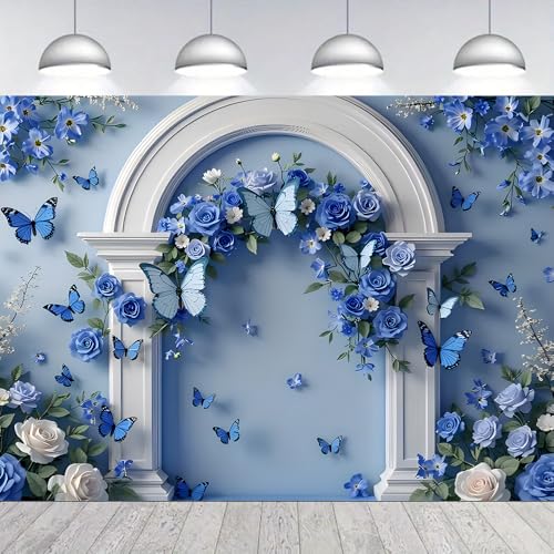 Blue Flowers Butterfly White Arched Doorway Backdrops Light Blue Background Rose and Green Leaves Wedding Photography Backdrop Bridal Shower Wedding Anniversary Decorations Backdrop (A, 5 * 3feet) - color: A, size: 5*3feet