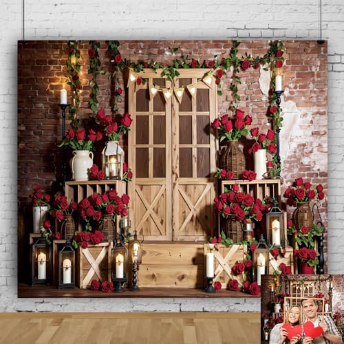 Valentines Backdrop 10x8ft Red Rose Rustic Wood Door Brick Wall Valentine's Photo Backdrops for Photography Background Valentine Decorations for Party Birthday Photo Booth Props - color: Brown, size: 10x8ft