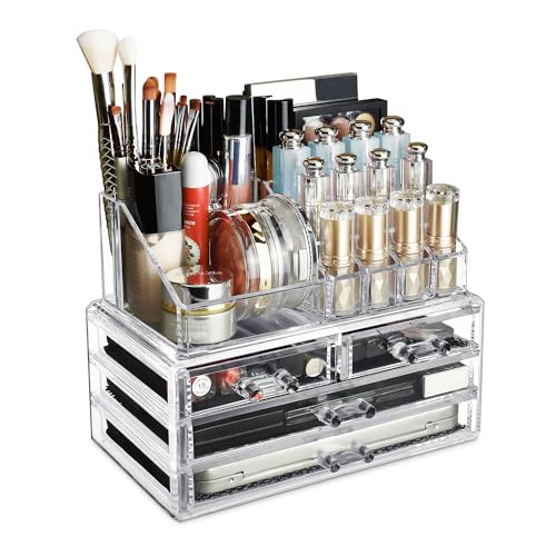Ikee Design Acrylic Makeup Organizer with 4 Drawers and Removable Top Lipstick Holders, Ideal for Make-up or Accessories,Enhance Your Vanity or Bathroom with Clear Design for Quick Visibility - color: 1) 1 Top 4 Drawers