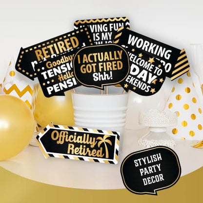 PartyGraphix Retirement Photo Booth Props - European Made Retirement Party Supplies - Easy to Assemble Selfie Props - Decorations Kit Includes 15 Pieces