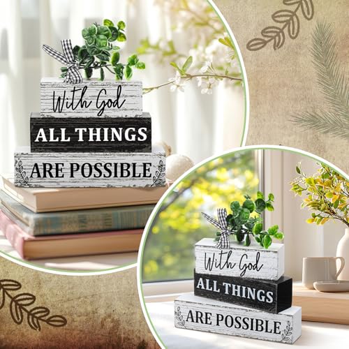 Geelin 4 Pcs Christian Wooden Sign Farmhouse Rustic Eucalyptus Leaves Wood Block Sign Table Centerpiece Religious Tiered Tray Decor Centerpiece Decor for Home Summer - style: Christian