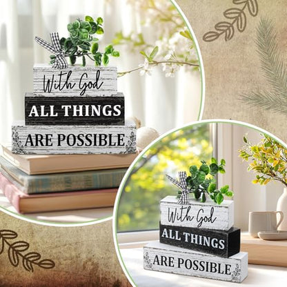 Geelin 4 Pcs Christian Wooden Sign Farmhouse Rustic Eucalyptus Leaves Wood Block Sign Table Centerpiece Religious Tiered Tray Decor Centerpiece Decor for Home Summer - style: Christian