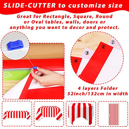 Red and White Striped Tablecloth Roll 52 in x 100 Ft with Slide Cutter Circus Carnival Party Supplies Halloween Christmas Plastic Picnic Table Cover for Indoor Outdoor Events Family Banquet Party - color: Red and White Striped