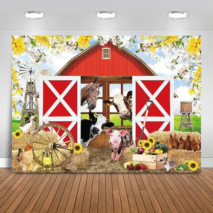 Spring Farm House Photography Backdrop 10x7ft Animals Red Rustic Barn Birthday Background Party Decorations for Kids Farm Theme Baby Shower Banner Photo Booth Props - size: 10x7ft