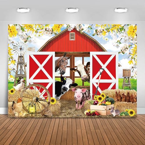Spring Farm House Photography Backdrop 10x7ft Animals Red Rustic Barn Birthday Background Party Decorations for Kids Farm Theme Baby Shower Banner Photo Booth Props - size: 10x7ft