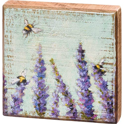 Primitives by Kathy Lavender and Bees Sign for Home Décor, Natural Wood Block Sign, Rustic Style with Distressed Details, Hand Painted Art, 4 by 4 Inches, Designed for Wall or Tabletop Display