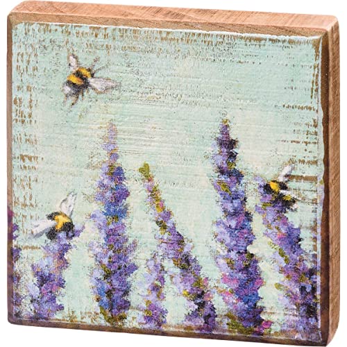 Primitives by Kathy Lavender and Bees Sign for Home Décor, Natural Wood Block Sign, Rustic Style with Distressed Details, Hand Painted Art, 4 by 4 Inches, Designed for Wall or Tabletop Display