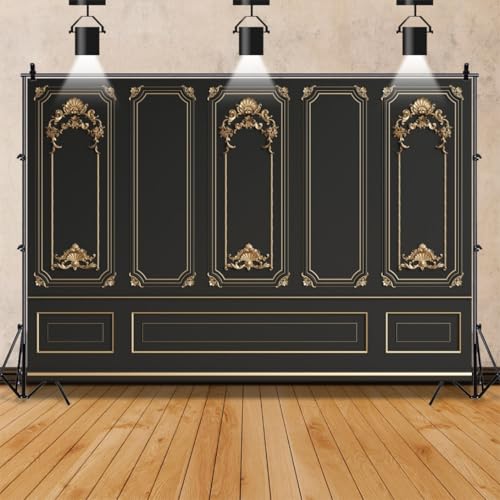 Yeele 8x6ft Vintage Room Inside Backdrop Black Golden Baroque Empty Room Interior European Frame Artistic Reliefs Wall Photography Background for Wedding Birthday Baby Shower Photo Shoot Props - color: Black, size: 8x6ft