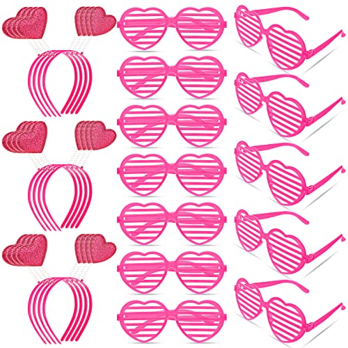 MTLEE 24 Pcs Valentines Heart Head Boppers Headbands and Heart Shape Sunglasses Valentines Party Supplies Wedding Photo Prop - color: Hollow Rose Red