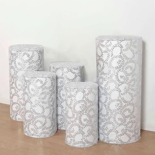 Efavormart Set of 5 Silver Sequin Mesh Cylinder Display Box Stand Covers with Leaf Vine Embroidery, Sparkly Sheer Tulle Pedestal Pillar Prop Covers - color: Silver, size: Sequin Mesh Cylinder Covers - Leaf Pattern